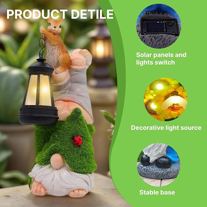 Garden Gnome Statues Decor with Solar Lights, Outdoor Decorations for Yard Porch Lawn Balcony Patio, Housewarming Gifts