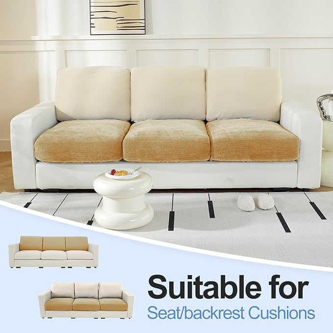 Couch Cushion Covers Individual Large Super Stretch Chenille (Softer Version) Sofa Cushion Covers, Couch Seat Covers Couch Slipcovers Furniture Protector (3PC, Khaki)
