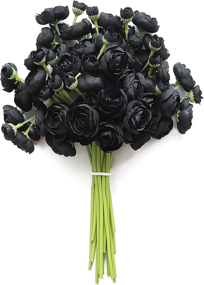 Floroom Ranunculus Artificial Flowers 18 Pcs Black Faux Silk Mini Ranunculus Bulk Fake Wedding Filler Flowers for DIY Bouquets, Centerpieces, Bridal Shower Decorations & Arrangements