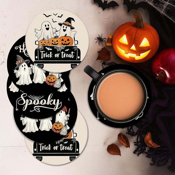 Coaster for Drinks Set of 6, Halloween Black and White Ghost Pumpkins Absorbent Round Ceramic Stone Mat, with Cork Base and Metal Holder, Gift for Housewarming Room Bar Decor