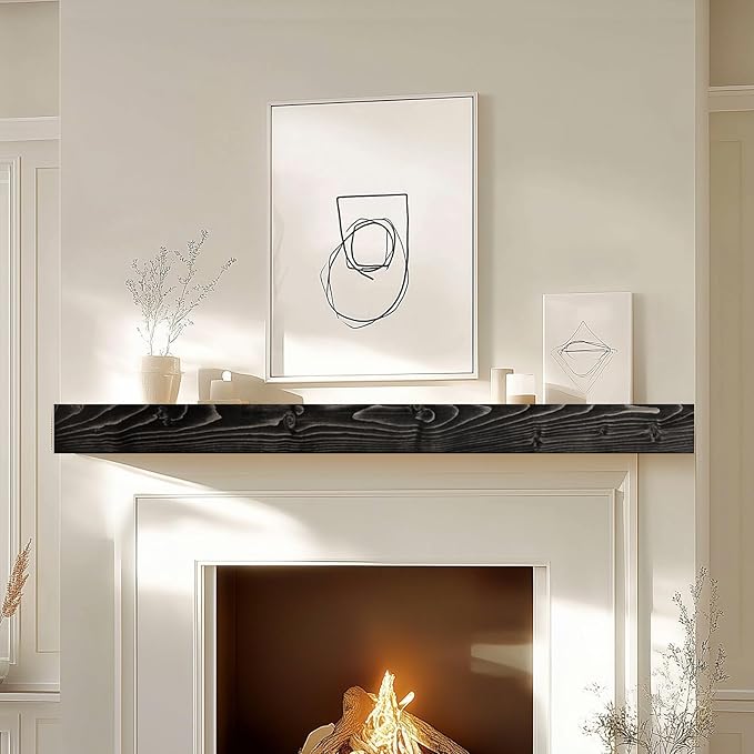 48x7x3 Fireplace Mantel - Solid Rustic Wood - Wall Mounted Floating Shelf with Invisible Heavy Duty Steel Bracket (Weathered Black)