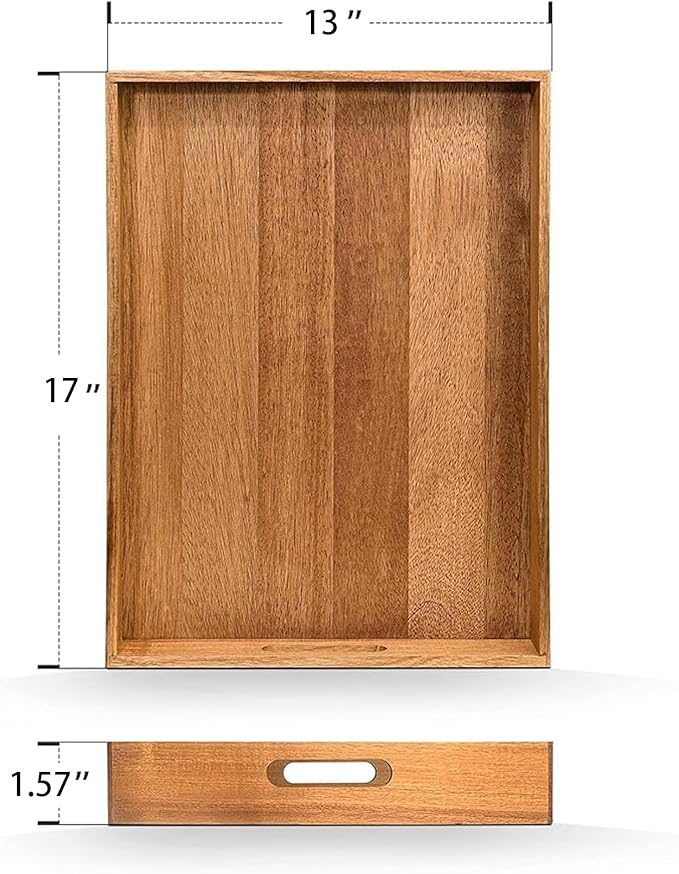 Acacia Wood Serving Tray with Handles Set of 2 – Decorative Serving Trays Platter for Breakfast in Bed, Lunch, Dinner, Patio, Ottoman, Coffee Table, BBQ, Party –Great for Lap &Couch