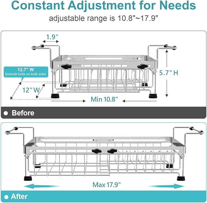 GSlife Stainless Steel Dish Drying Rack - Capacity Expandable in Sink Dish Drainer with Silicone Mat, Over Sink Dish Rack with Utensil Holder for Kitchen Counter, Large Capacity, Silver