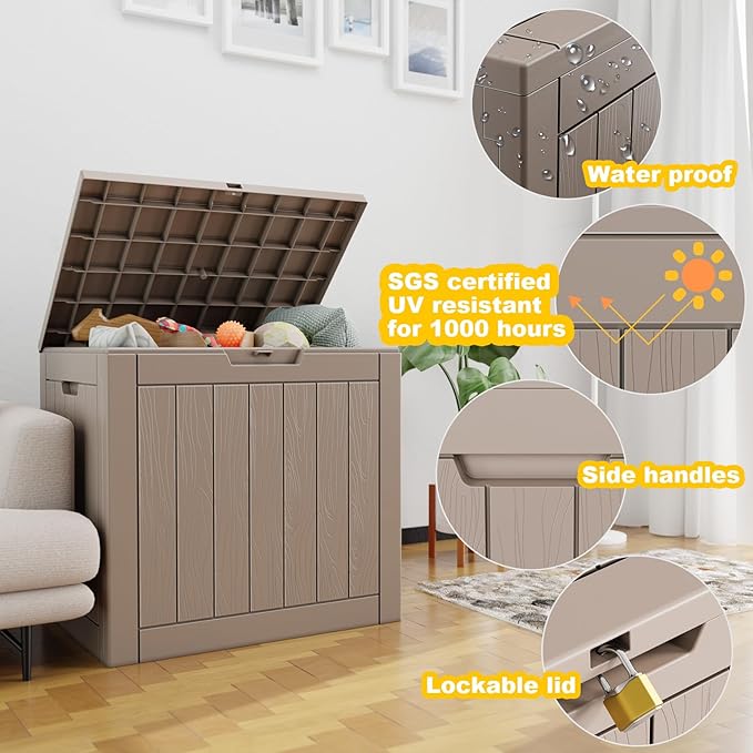 30 Gallon Resin Deck Box, Lockable Outdoor Storage Box for Patio Cushions Storage Furniture,Garden Tools, Pool Supplies, Weatherproof and UV Resistant- Grey