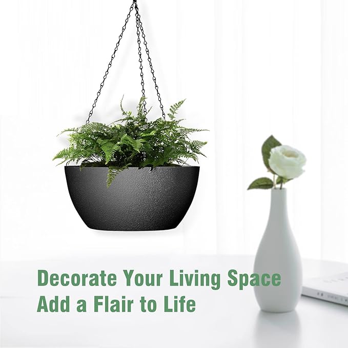 13 inch Large Hanging Planters Plant Pots for Outdoor Indoor Plants with Drainage Holes and Chain, 2 Pack Round Hanging Flower Pots for Garden Home Porch Decor, Black