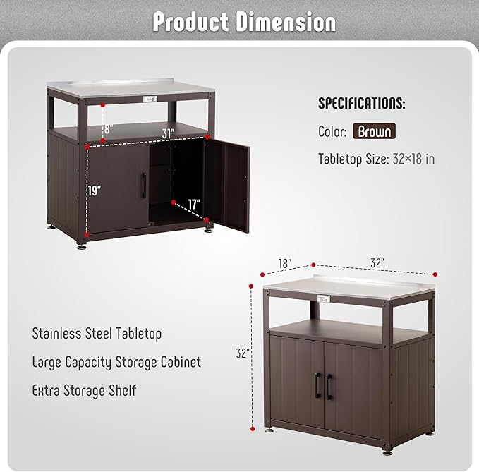 Garden Potting Bench with Storage Cabinet,Outdoor Gardening Table & Work Bench for Plants, Horticulture,Outdoor Workstation with Stainless Steel Tabletop,Outdoor Work Table