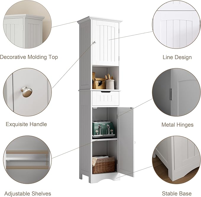 ChooChoo 67" Tall Bathroom Storage Cabinet Freestanding with Adjustable Shelves, Narrow Storage Linen Cabinet with 2 Doors and 1 Drawers for Bathroom, Living Room, Kitchen, White