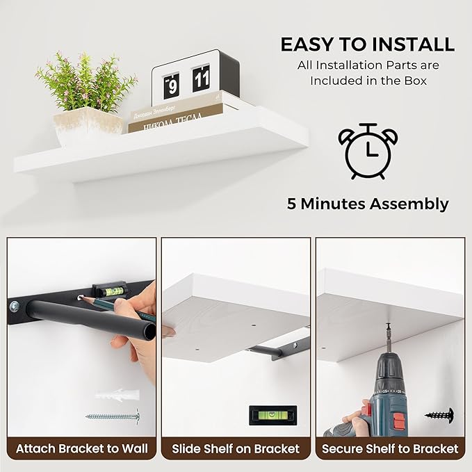 24 inch Floating Shelves Long Floating Shelves for Wall Large Wall Mounted Shelves with Invisible Brackets, White Shelves for Bathroom, Living Room, Kitchen, Office, 24x6.7 inch deep Set of 2