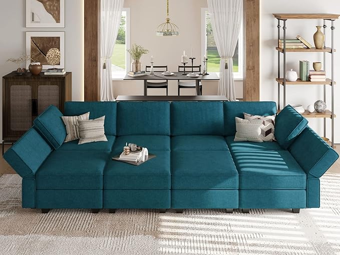 Belffin Modular Sectional Sleeper Sofa Bed Convertible Sectional Couches for Living Room. Peacock Blue Couch