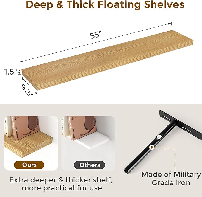 55 Inch Floating Shelves Set of 2, Rustic 55 x 9 Floating Shelf for Wall, 9 Inch Deep Wall Shelves Invisible Bracket, Large Deep Shelving for Bedroom, Kicten, Living Room, Oak Color