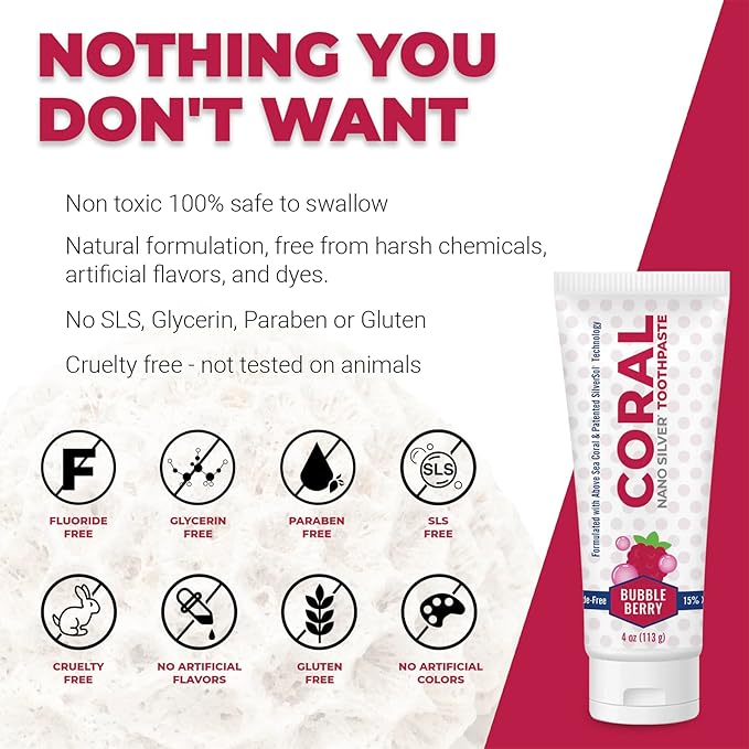 Coral Nano Silver Bubble Berry Kids Toothpaste, Natural Fluoride Free Teeth Whitening Toothpaste, Coral Calcium Nano Silver Infused SLS Free - 4 Ounces