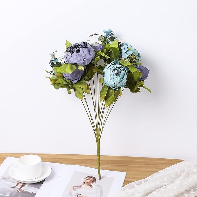 Duovlo Fake Flowers Vintage Artificial Peony Silk Flowers Wedding Home Decoration,Pack of 1 (New Grey Blue)