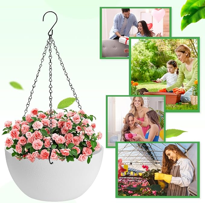 12 inch Hanging Planters for Indoor Plants, 2 Pack Planters for Outdoor Plants with Drainage Holes and Chain, Round Plastic Hanging Baskets, Hanging Flower Pots for Balcony Garden Decor-White