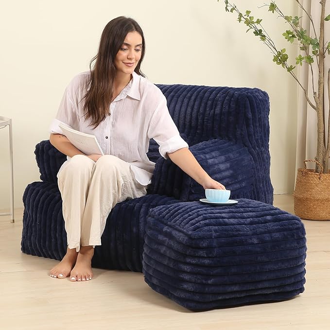 Comfy Gaint Bean Bag Chair with Ottoman, Fluffy Huge Bean Bag Armchair for Adults and Teens, Dark Blue