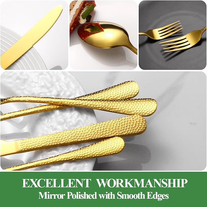 20 Pcs Gold Silverware Set for 4 with Hammered Design, Food Grade Stainless Steel Flatware Set, Eating Utensils Sets Include Fork/Knife/Spoon, Cutlery Set, Dishwasher Safe
