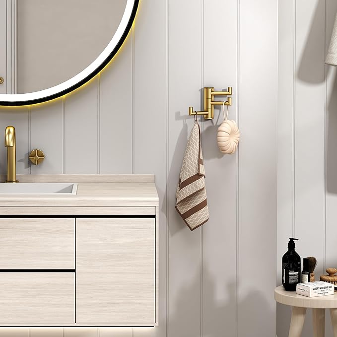Angle Simple Towel Hooks Swivel, SUS 304 Stainless Steel 3 Arms Foldable Hand Towel Holder, Coat Hooks, Brushed Gold, 2 Pack