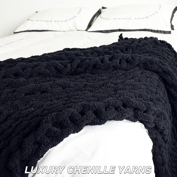 Chunky Knit Blanket - Luxury Soft Cozy Extra Large Size (80 * 90) Throw Blanket,100% Woven Blanket Rope Knot Throw Blanket for Couch, Sofa, Home Decor, Gift - Machine Washable（Black）