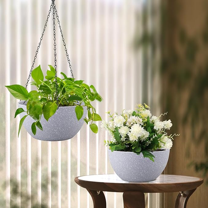 12 inch Large Hanging Planters for Indoor Outdoor Plants, 2 Pack Hanging Flower Pots with Drainage Holes and Chain for Garden Porch, Plastic Hanging Baskets for House Plants, Speckled Grey