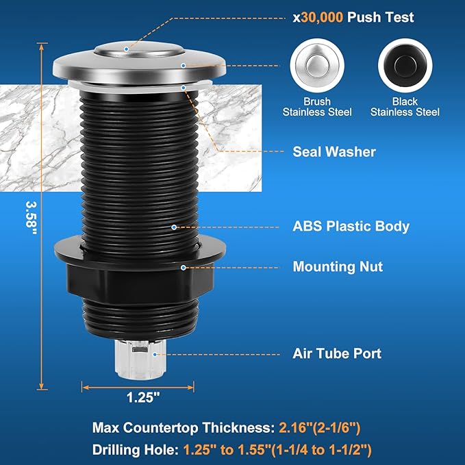 Air Switch Kit for Garbage Disposal, UL Listed Sink Top Air Switch for Food Waste Disposal, 3.58” Extra Long Air Button (Brushed Stainless Steel)