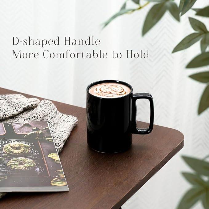 E-liu Porcelain Tea Mugs Coffee Mug Set, Large 15 Ounces Cups for Coffee, Tea, Cocoa, and Mulled Drinks, Set of 6, Black