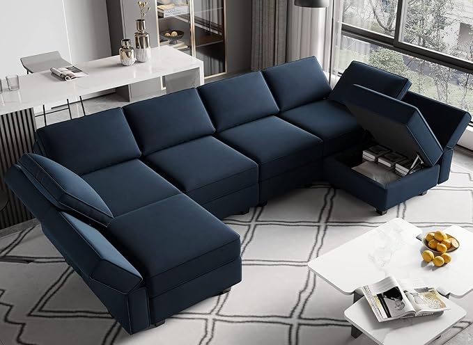 Belffin Modular Reversible Sectional Sofa U Shaped Couch with Storage Seat with Chaise Velvet Blue…