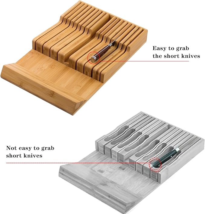 Bamboo Kitchen Drawer Knife Holder, In-drawer Knife Block, Knife Drawer Organizer fit for 16 knives and 1 steel sharpening