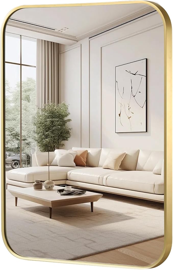 FARMER 20x30 Inch Gold Bathroom Mirror, Rectangle Vanity Mirror, Brushed Mirrors for Wall, Metal Frame Hanging Mirror with Round Corner for Bedrooms, Entryways, Living Rooms, Horizontal/Vertical