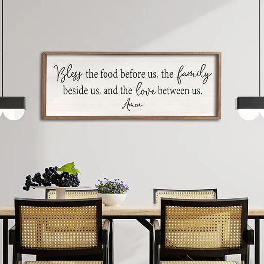 Bless the Food Before Us Sign Wall Decor 40"X15" Large Farmhouse Dining Room Wall Decor Framed Wood Rustic Home Wall Art Kitchen Hanging Decoration (Wood White)