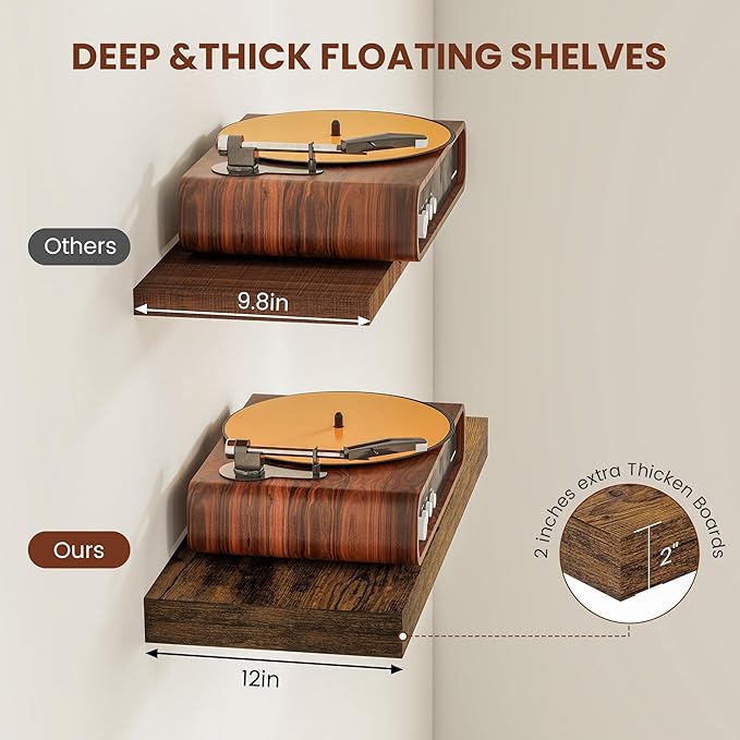 12" Deep Floating Shelves for Wall 55 Inches Long, Heavy Duty Wall Shelves for Bedroom Bathroom Kitchen Laundry Room, Farmhouse Rustic Shelves for Home Decor, 55" X 12" X 2" Set Of 2, Rustic Brown