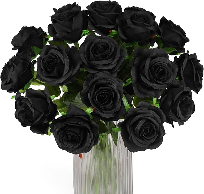 Black Fake Roses Artificial Flowers - 16 Pcs Fake Artificial Roses Silk Flowers with Stems for Home Wedding Hotel Office Centerpiece Decor