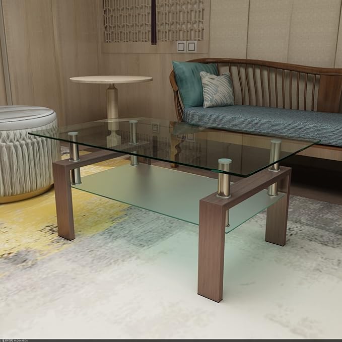 Glass Coffee Table for Living Room, Mordern Sofa Center Tables with Storage, Brown Metal Leg, Rectangle Tempered Glass Center Table Home Furniture
