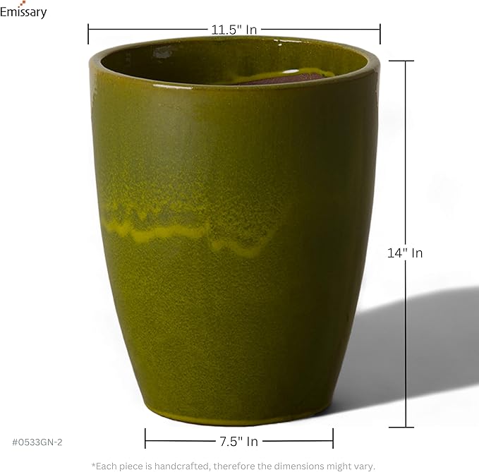 Emissary Home and Garden Bullet 11.5 in. Green Ceramic Round Planter (11.5 in. L x 11.5 in. W x 14 in. H) with Drainage Hole