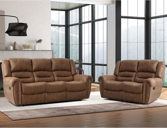 CANMOV Faux Leather Manual Recliner Sofa Set,Manual Reclining Sofa and Recliner Loveseat with Overstuffed Armrest for Living Room,Bedroom Furniture,Office,Nut Brown
