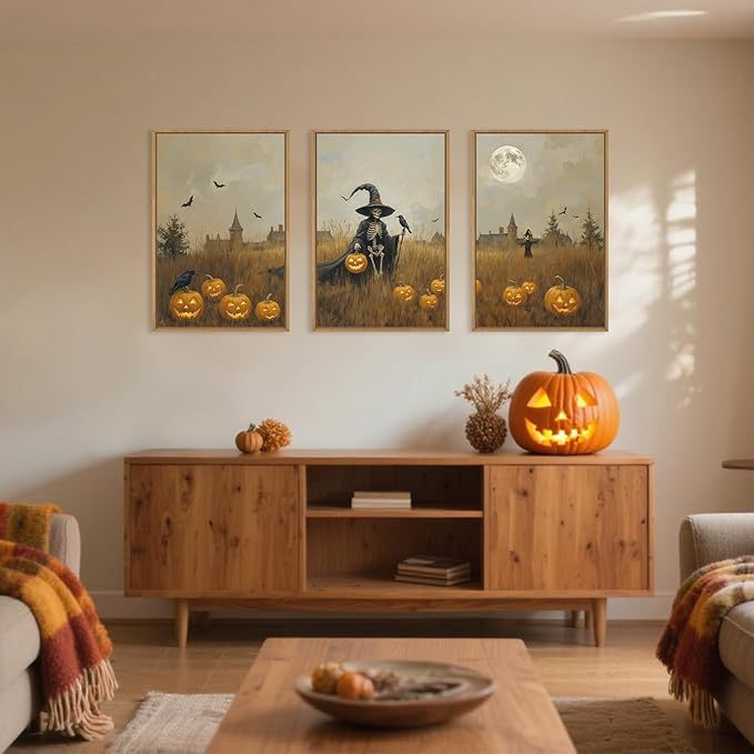 Celestdeco Halloween Ghost Reaper Framed Wall Art Set, Scary Witchy and Pumpkin Wall Decor, Horror Night Wall Painting, Full Moon Bats Art Prints for Living Room,Bedroom,Halloween Themed Party Decoration-16"×24"×3
