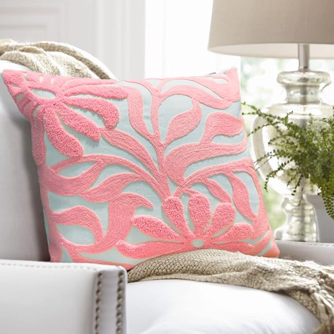 Alysheer Farmhouse Floral Leaves Embroidered Decorative Throw Pillow Cover 18x18 inches, Boho Tufted Flowers Embroidery Pattern Chic Cotton Cushion Case for Couch Bed Sofa Living Room(Light Pink)