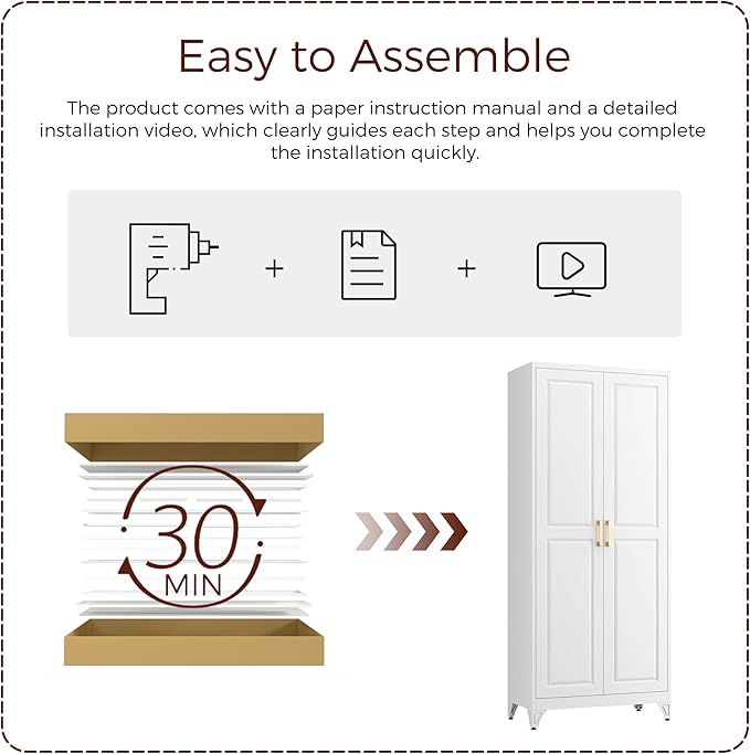 75" Kitchen Pantry Cabinet, White Metal Storage Cabinets with 2 Doors and 4 Adjustable Shelves, Tall Pantry Storage Cabinet for Kitchen, Dining Room, Living Room