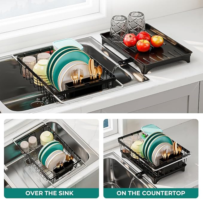 Expandable Dish Drying Rack in Sink, Adjustable Stainless Steel Rustproof Grip Handles Dish Rack Over The Sink, Dish Strainer with Drying Tray & Utensil Holder