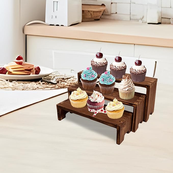 Display Wood Risers Wooden Stand 3 Tier Wood Racks Decorative Rectangular, 2 Set 6 Piece Cupcake Stands Cologne Perfume Organizer Dessert Showcase(Brown)