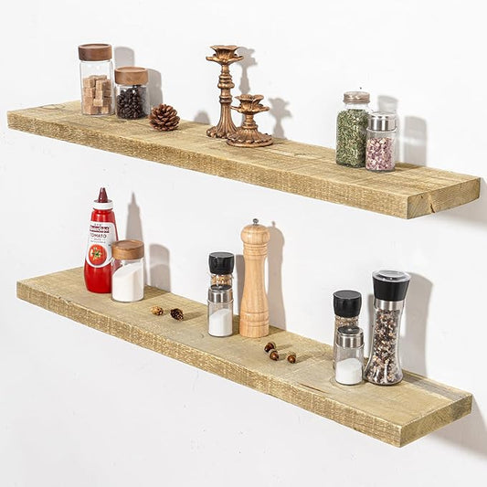 Fun Memories Floating Shelves for Wall Decor, 40"x8" Rustic Reclaimed Wood Shelves, Heavy-Duty Wall Mounted Shelves with Invisible Brackets, Set of 2for Living Room, Bedroom, Kitchen, Natural Finish