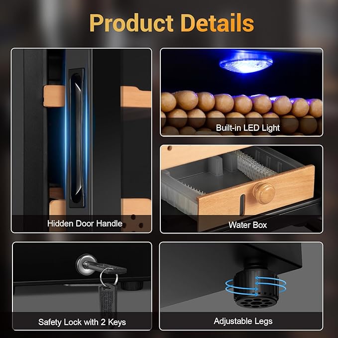 Cigar Electric Humidor, 35L 250 Counts Large Capacity Thermostatic Electric Cigar Cooler Cabinet with Digital LED Screen, Safety Lock,Smart Humidity & Temp Control, Gifts for Men