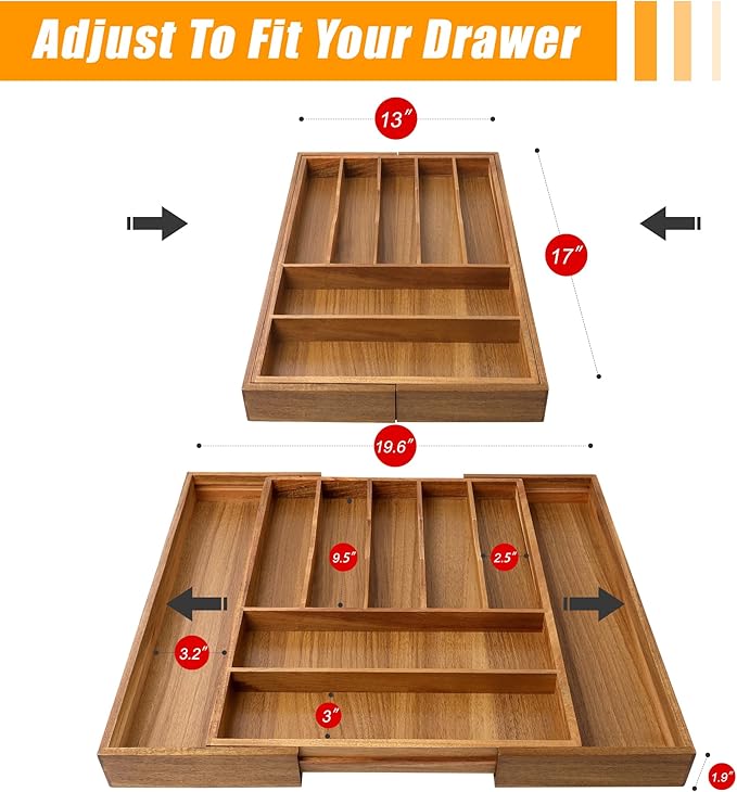 Bellsal Large Premium Acacia Wood Silverware Organizer - Expandable Utensil Drawer Organizer - 17"x19.6" Utensil Holder and Cutlery Tray with Grooved for Kitchen Flatware Utensils(7-9 Slot, Acacia)