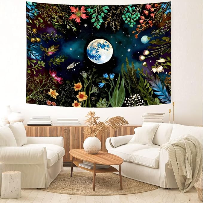 Delur Moonlit Garden Tapestry Boho Moon Floral Plant Tapestry Wall Hanging Colorful Flower Botanical Nature Night Landscape Headboard for Bedroom Living Room Home Decor (59.1" x 78.7")
