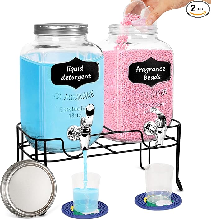 2-Pack 1 Gallon Glass Laundry Detergent Dispenser Set with Bamboo Lids and Stand - Liquid Soap and Fabric Softener Dispensers with Spigots, Cups, Labels and Mats, Laundry Room Organization and Storage
