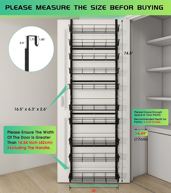 10-Tier Over The Door Pantry Organizer, Pantry Organization and Storage, Black Metal Hanging Adjustable Basket, Wall Spice Rack Seasoning Shelves, Home & Kitchen Essentials