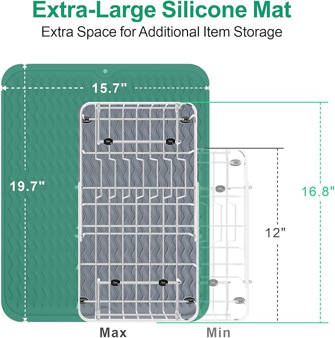 GSlife Expandable in Sink Dish Drying Rack Small with Silicone Mat - Stainless Steel Capacity Adjustable Over The Sink Dish Rack with Utensil Holder for Counter or Inside Sink (12.4" -16.8"), Silver