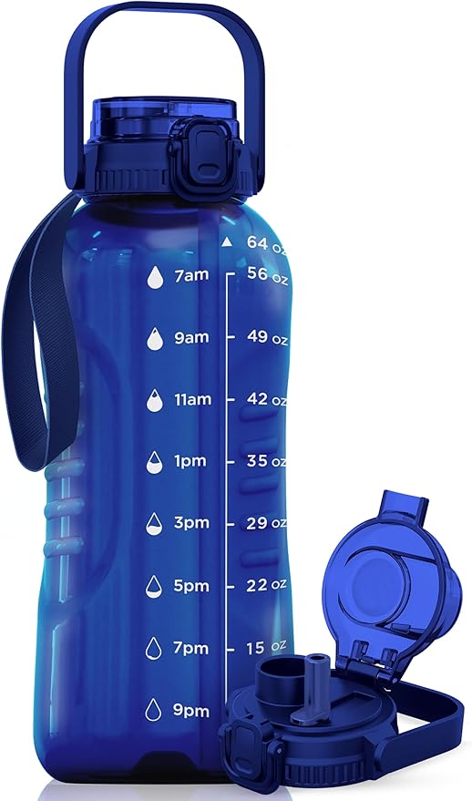 AQUAFIT 64 oz Water Bottle with Time Marker - 2in1 Straw & Chug Lid - BPA Free Big Water Bottle with Straw - Gym Water Bottle with Strap - Water Jug (64 Ounces, Blue)