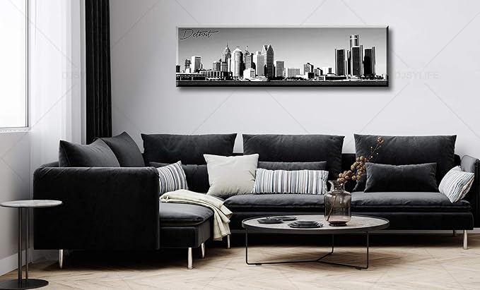 DJSYLIFE Detroit Skyline Wall Art Black and White Canvas Prints USA Skyscraper Panoramic Cityscape Picture for Bedroom Office Home Decoration Ready to Hang 13.8" x 47.3"