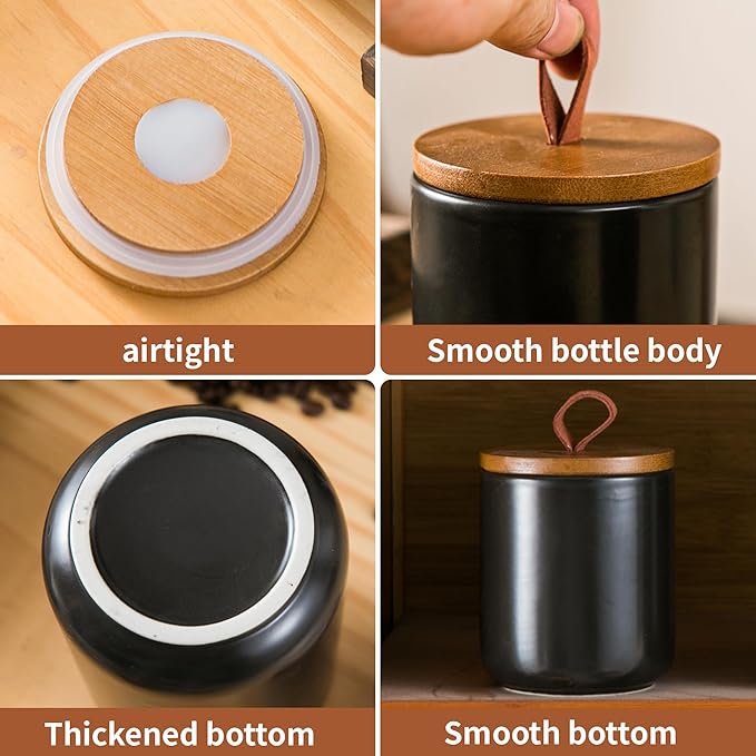 Black Ceramic Canister Set, 3pcs Ceramic Kitchen Canisters for Countertop with Airtight Wood Lids, Large Flour and Sugar Containers for Coffee, Tea, Spice