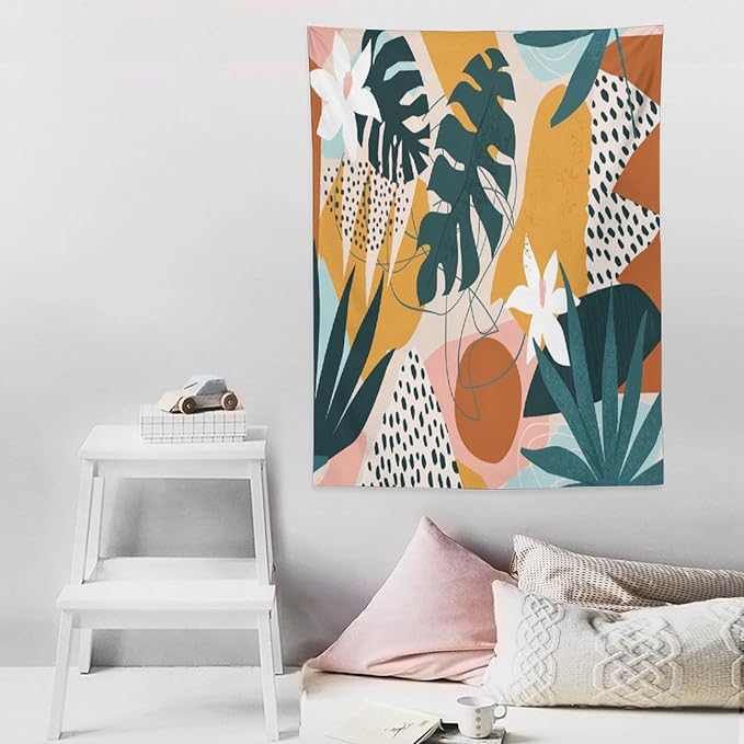 Abstract Bohemian Mid Century Tapestry, Tropical Leaves Modern Geometric Archway Minimalist Bohemian Botanical Aesthetic Wall Hanging, Sage Green Gold Home Decor Art for Bedroom 30x40 Inch