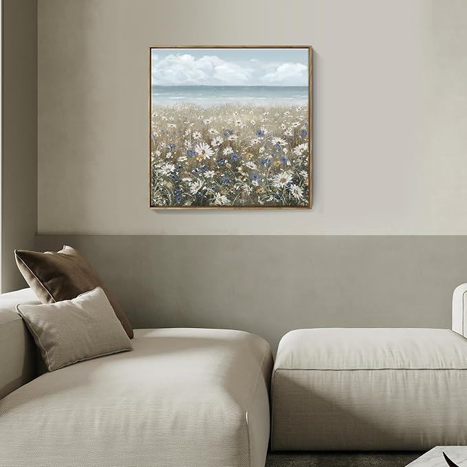 Framed Wall Art for Bedroom Decor Farmhouse Boho Beach Coastal Vintage Floral Ocean Wall Picture Daisy Flowers Sea Canvas Print Nautical Neutral Seascape Artwork for Home Living Room Bedroom Office
